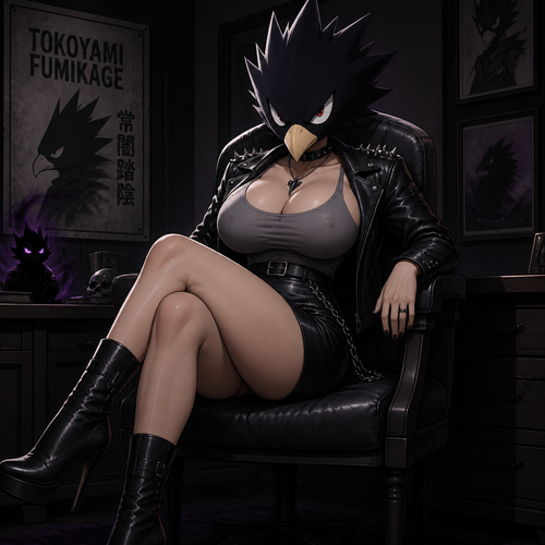 Female Tokoyami Fumikage wearing leather skirt, grey tank top, leather jacket with short spikes and black high heeled boots. Has big breasts. Sitting on a chair with her legs crossed and a glare on her face.