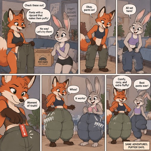 A multi panel comic about a female anthropomorphic fox and her friend that put on some pants then pull a ripcord on them that makes them puffy, animated style