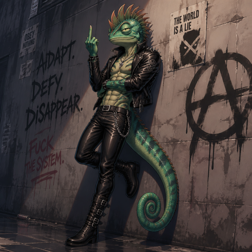 A male anthropomorphic chameleon wearing leather pants, shirtless with 8 pack of abs, leather jacket, leather boots, and spines in a Mohawk style. Leaning back on a wall, left hand crossed to right elbow while right hand is raised giving the middle finger. Anime style, solo, full body.
