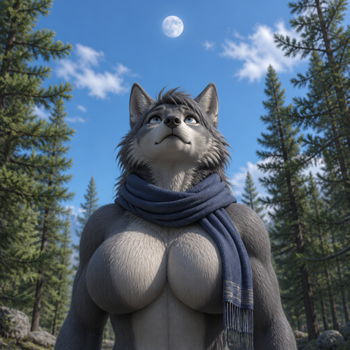 A busty (well-made anthro female character) fuzzy Grey Wolf that wears a scarf who’s been standing there (front view) and looking up above and see a moon at day in the forest alone.