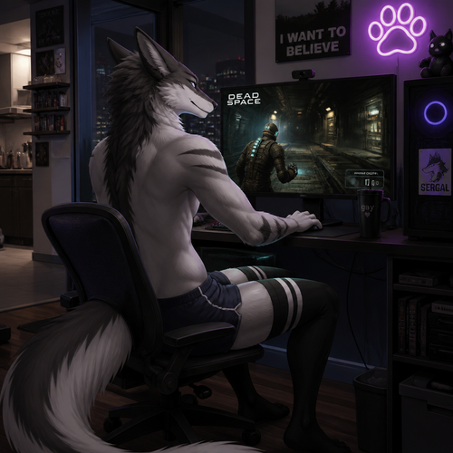 A homosexual grown male Sergal that wears shorts and has thigh highs also has buttocks, sits on a chair while playing a sci-fi horror game Dead Space on PC. Well-made animated version. A modern life. Lives on an apartment. Back view.