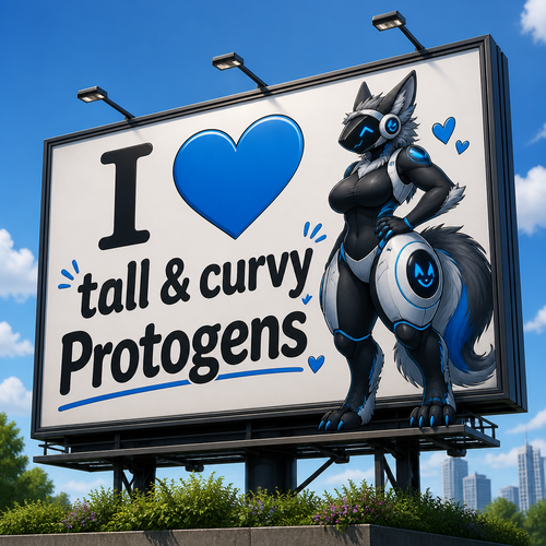 A big sign says; I 💙 tall & curvy Protogens. Well-made version and view.