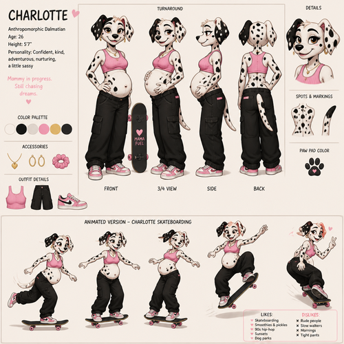 A beautiful anthropomorphic Dalmatian named Charlotte skateboarding while she’s pregnant, reference sheet, animated version 