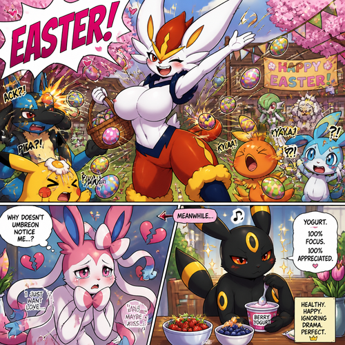 A busty well-made fluffy female Pokemon character, Cinderace. Who celebrates on today’s Easter Day and shouts, EASTER! And wrecking up a place like a crazy party girl while she knocked other Pokemon by throwing eggs at them but A cute but creepy but a gay male Sylveon just as sad and irritating about being ignored by a male Umbreon while eating a healthy yogurt distracted and appreciated. All well-made characters. A dramatic and a funny comedy show. Animated views. Spring season.