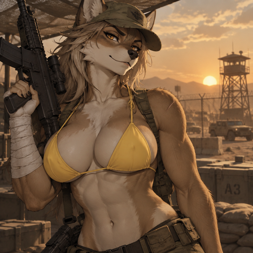 A digital illustration of an anthropomorphic character with an attractive, muscular physique—featuring powerful biceps, a full bust, and defined abs. She wears a worn-looking olive-green military cap and a bright yellow bikini top, maintaining a confident expression. Her right arm is heavily wrapped in white bandages extending from the wrist to the mid-forearm, and she holds a black tactical rifle. She strikes a confident, slightly provocative pose against a desert military base backdrop; the silhouette of a distant watchtower and a wire fence stands out against a hazy, orange-hued sky. The composition is a half-body shot focusing on the character's torso and face, captured from a dramatic angle. Directional lighting creates soft shadows that accentuate the contours of her silhouette. The color palette is dominated by muted earth tones that contrast sharply with her fur and the vibrant yellow of her swimwear. The atmosphere is rugged yet serene.