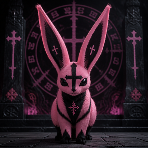 A pink and black crux with long ears