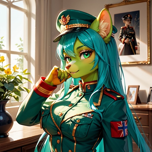 A beautiful female prototype with dark green skin, virtual green eyes, military uniform, military posture, inside a military base, well done, perfect photo, very beautiful.