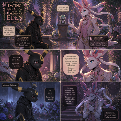 In a dating live show at the garden of Eden (a well-made animated version) a grown non-rich anthro Umbreon male that wears a gothic hoodie that is unhappy and doesn’t want to be there and wanted to lose and Don’t like this super rich grown anthro Sylveon male that wears some elegant clothes who likes him. In a well-made anthropomorphic Pokemon universe. A bad/sad ending.