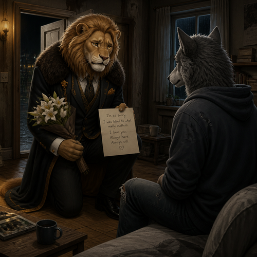 A (well-made grown anthropomorphic male character) rich Barron a Lion with a sad look that wears whatever he wears who came to see a non-rich anthro male grey Wolf for an apology for how he’s sorry and tell him he loves him and says his feelings for him.