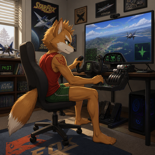 A teenage Fox McCloud wearing green short shorts, red sleeveless shirt, no shoes, and a mohawk hairstyle. Sitting at his computer desk playing a flight simulator with realistic flight controls. Anime art style, full body.