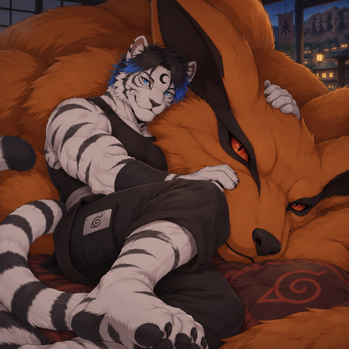 male, anthro, white tiger, short black hair with bright blue tips, black crescent on forehead, blue eyes, digitigrade footpaws, cuddling Kurama, Naruto