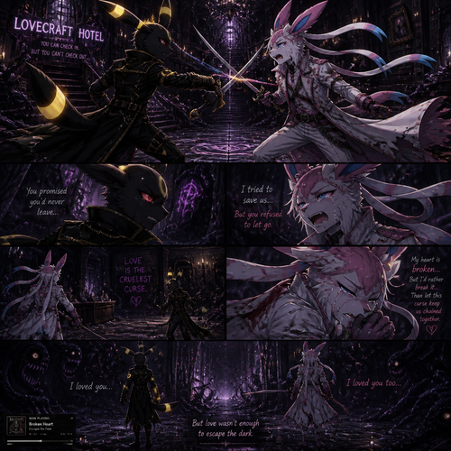 The two well-made anthropomorphic grown male characters, A Umbreon and a Sylveon who’s been fighting and arguing each other with a sword’s battle. A sad broken relationship. Inside the cursed building that is easily a trap, the Lovecraft Hotel and it’s more than just haunted. Anger and sadness including frustration. Animated version. Wears different clothing and gear. Music playing, Escape the fate; Broken Heart.