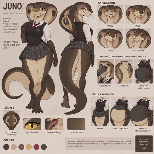 A female anthropomorphic cobra named Juno, high school aged, can swallow almost anything whole, her belly can expand to accommodate anything she eats, has the iconic cobra hood, reference sheet