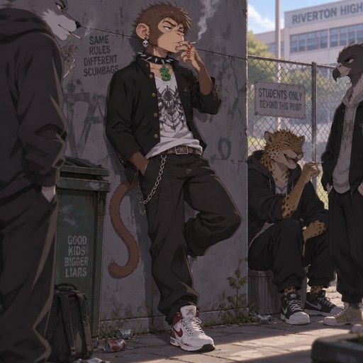A high school aged male monkey with a tail wearing a stereotypical American delinquent outfit with obsidian skull earrings, ruby rings on all fingers on his right hand, and an emerald dragon pendant on a tight spiked collar. He is behind the high school leaning against the wall smoking with friends. Anime art style, full body.