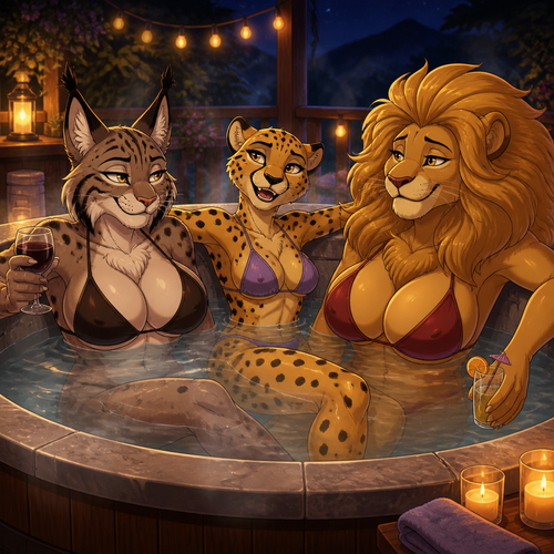 A female anthropomorphic lynx with a big chest, a female anthropomorphic cheetah with a lanky body, and a female anthropomorphic lion with a big mane relaxing together in a hot tub, animated version 