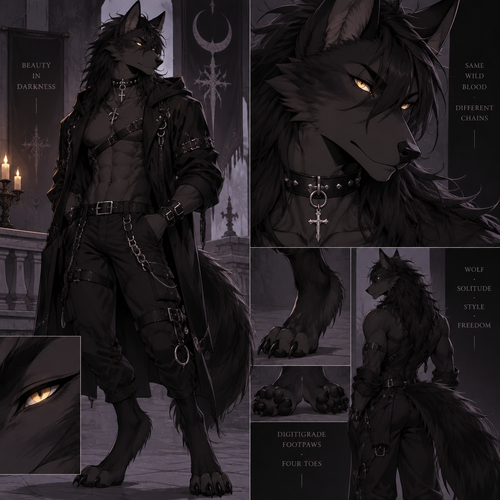 Male, black maned wolf, Toned, Golden eyes, digitigrade footpaws, four toes, anime style, goth