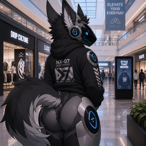 A well-made original character male Protogen at the mall. Backshots. An animated version verse.
