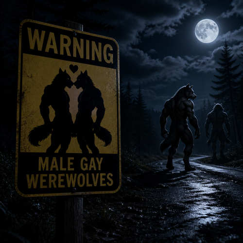 In a middle of a night, A warning sight says; male gay Werewolves. Well-made view.