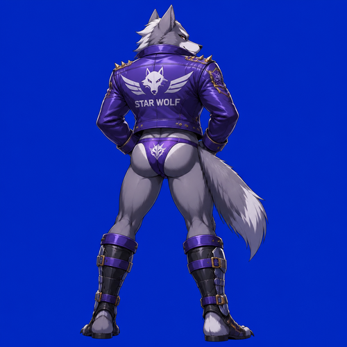 Wolf O’Donnell wearing a purple Star Wolf themed jockstrap and a purple Star Wolf themed leather jacket. Blue background, back view, anime art style, solo, full body.