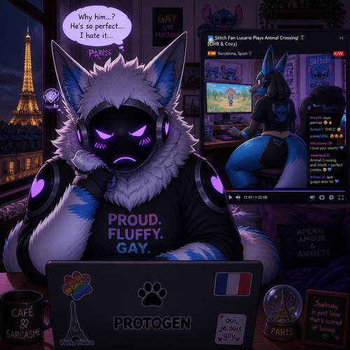 A jealous fluffy gay male Protogen (lives in Paris, France), who uses his laptop and see a video of a male gay Lucario (lives in Spain and a stitch fan) with thick thighs and buttocks playing a game called animal crossing on PC. Animated verse. Front view. 