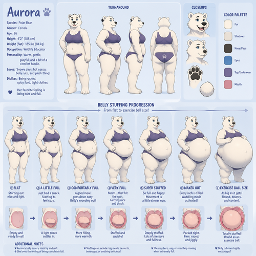 A female anthropomorphic polar bear, reference sheet, shows progress of her belly stuffing from flat to as big as a exercise ball, animated version 