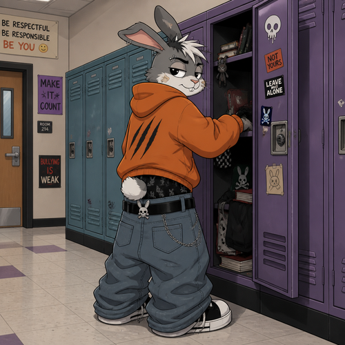 A young male grey and white punk rabbit wearing extremely loose jeans with a belt that has a rabbit skull design, black colored underwear that comes up above the jeans waistline, a oversized orange hoodie with a three slash mark design on the front. He is standing in front of an open locker in the hallway of a middle school, the locker doesn’t belong to him but he is rummaging through it. Cartoon art style. Full body