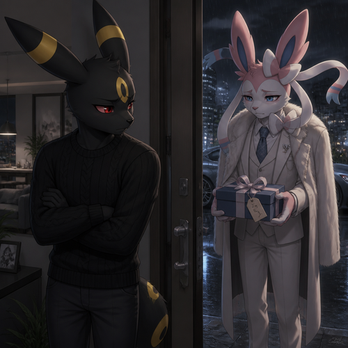 An unhappy well-made Pokemon adult male character, Umbreon that wears a black sweater, wasn’t rich but lives in a modern life. standing inside of his house with a door open, sees an adult billionaire male Sylveon standing outside, and a sad look who’s offering a gift with ribbons on it for an apology. A anthropomorphic verse. Despite the drama and feelings torn.