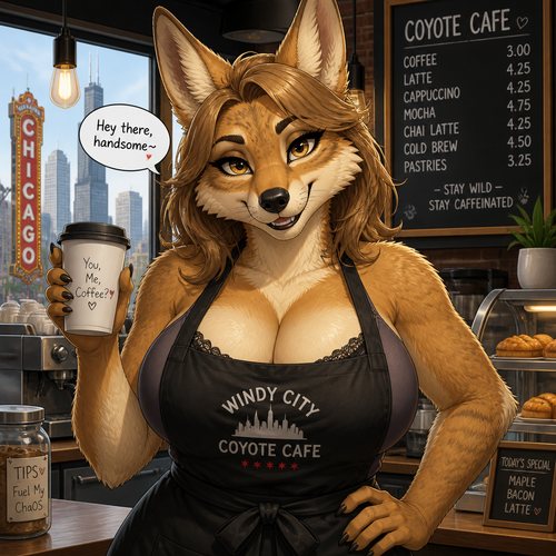 A busty grown female coyote that wears a apron and works at the cafe. Very well-made animated version. In a modern life. Lives in Chicago. Friendly and flirty. Frontshot view. 