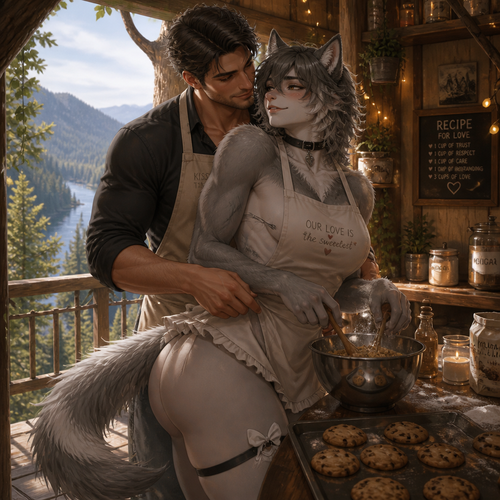 A loved well-made grown femboy omega male grey wolf ex-tribe character who lives in a tall treehouse with his handsome and kind human man and they are bond together while baking cookies. Wearing a clothed apron. Has thick thighs, wide hips, but butt, and a bushy tail. A perfect view.