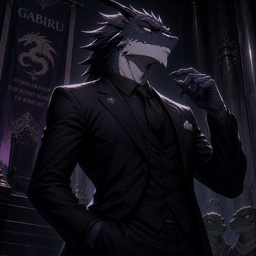 Gabiru from Reincarnated as a slime. Wearing a stunning black suit and tie. Standing in a pose that just screams “I’m better than you”.