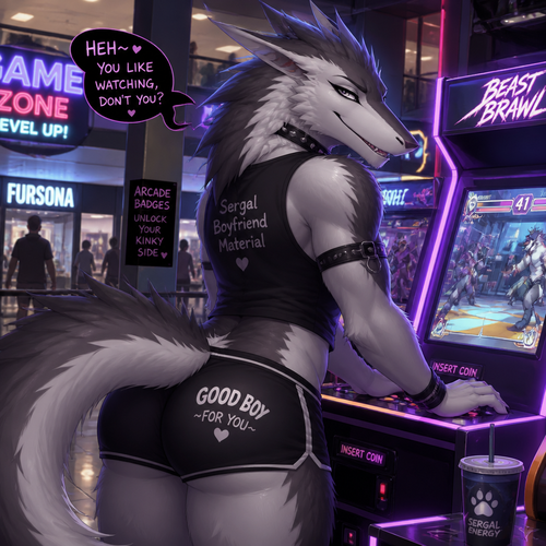 A femboy grown male Sergal with fluffy fur and buttocks also wears shorts. Enjoying at the arcade in a modern style mall. Animated version. Likes guys. Being kinky and attractive. Wears eyeliner.
