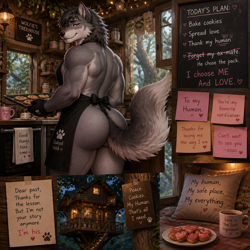 A well-made grown femboy omega male grey Wolf with a black apron on and has thick thighs, wide hips, big butt, and a fluffy tail who lives in his treehouse and baking some cookies yet spread some love messages to his human man and forget about his ex-mate the alpha male of a tribe.