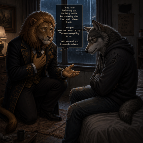 A (well-made grown anthropomorphic male character) rich Barron a Lion with a sad look that wears whatever he wears who came to see a unhappy non-rich anthro male grey Wolf for an apology for how he’s sorry and tell him he loves him and says his feelings for him because he’s gay.