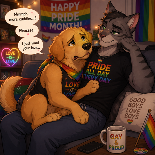 In a anthro universe, A homosexual male golden retriever with floppy ears, sits on a male cat’s leg, giving a needy whining look for wants some attention, and wants some more loving. Both grown adults. Today’s pride month. Animated version.