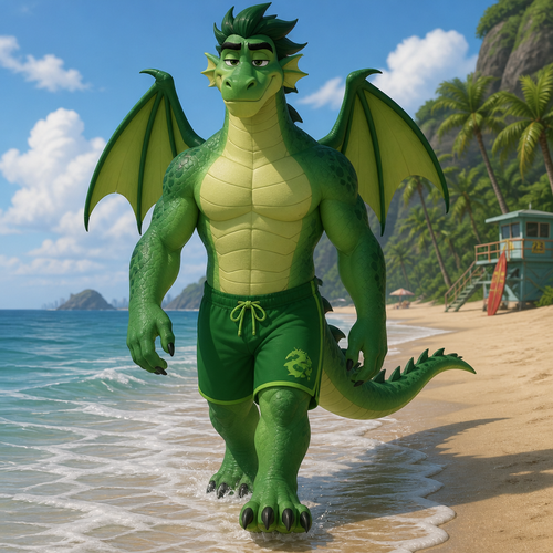 Jake Long in dragon form wearing green swim trunks. Walking down a beach towards the camera with the sea getting close to his feet.