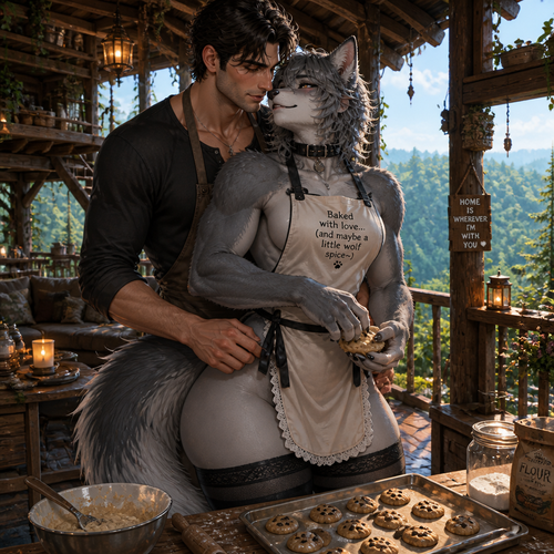 A loved well-made grown femboy omega male grey wolf ex-tribe character who lives in a tall treehouse with his handsome and kind human man and they are bond together while baking cookies. Wearing a clothed apron. Has thick thighs, wide hips, but butt, and a bushy tail. A perfect view.