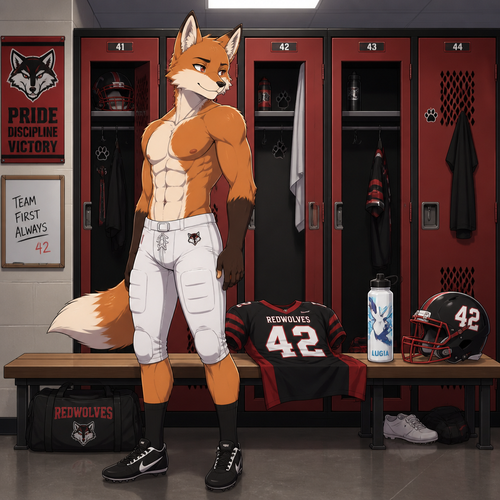 A high school aged male fox wearing white football pants, black football shoes standing in the locker room. We can see 6 pack of abs as he is looking over his shoulder. On a bench between the football lockers lies a a red and black football jersey, a Lugia themed water bottle, and a red and black helmet with the number 42 on the sides. Anime style, front view, full body.
