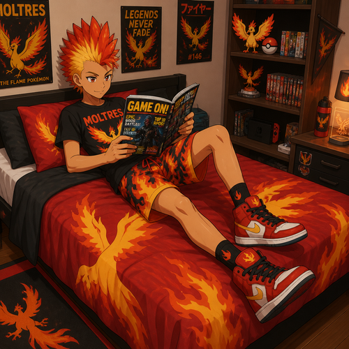 A middle school aged male phoenix wearing Moltres themed shirt, fire themed shorts, red high top shoes, and a plumage mohawk hairstyle. He is laying on his bed reading a gaming magazine. Anime art style, solo, full body.