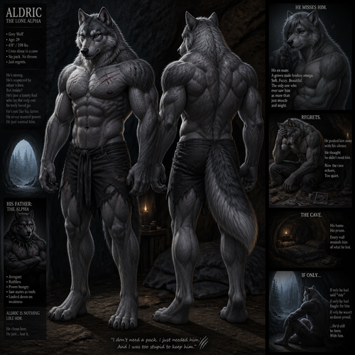 The well-made big and buff alpha male grey wolf tribe at front/rear view who lives in a cave all alone with no pack and misses his ex-mate (a grown male femboy fuzzy omega grey wolf tribe) sadly depressed and have regrets also is nothing like his arrogant father the alpha.