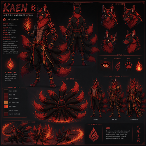 A male anthropomorphic kitsune with 9 tails and red and black fur, is a fire element, animated version, reference sheet 