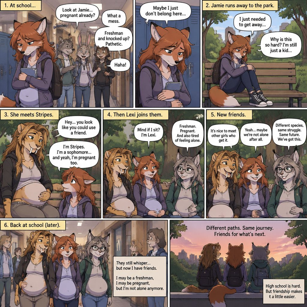 A multi panel comic about a lanky teenage female anthropomorphic fox named Jamie that is pregnant in high school, Jamie is first made fun of before she runs away to a park and meets a lanky female anthropomorphic saber tooth tiger named Stripes who is also pregnant in high school and a lanky female anthropomorphic Canadian Lynx named Lexi that is pregnant in high school and wears glasses and they become Jamie’s friends, everyone is either a freshman or a sophomore, animated version