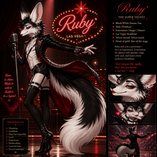 A well-made Black/white furred fennec Fox male named Ruby, wears something attractive for entertainment for a show by self to dance/sing. Wears eyeliner and lipstick. Has a bushy tail. A grown femboy anthro. A star in Las Vegas. Well groomed. Side view. Animated verse. Has good personality. Being a super velvet.