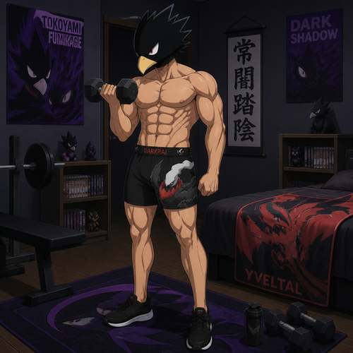 Tokoyami Fumikage wearing Darkrai themed shorts with a bulge, shirtless showing off 16 pack of abs, and black tennis shoes. He is in his bedroom lifting weights. On his bed is a Yveltal towel. Anime style, solo, full body.