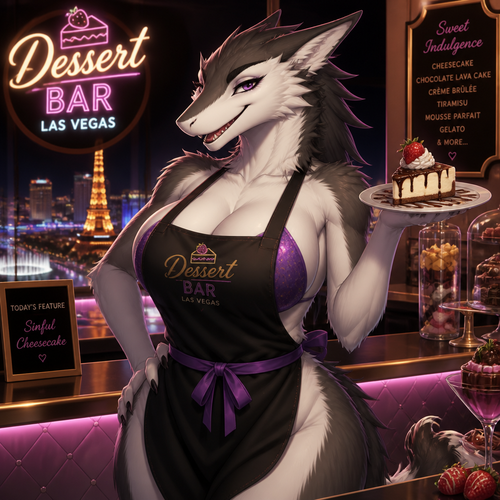 A busty female grownup Sergal that wears an apron and works at the dessert bar themed restaurant in Las Vegas.