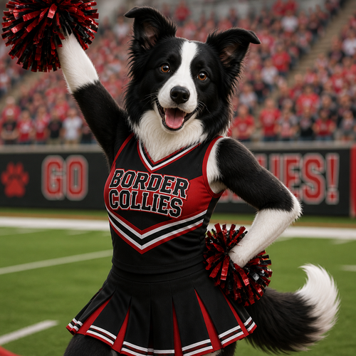 Anthropomorphic border collie cheerleader in a red and black uniform 