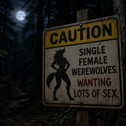 In a forest at night, a warning sign says; caution, single female Werewolves, wanting lots of sex.