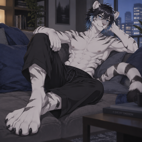 anthro male white tiger, anime style, short black hair down to the neck with blue tips, digitigrade footpaws with four toes, slim, relaxing, shirtless
