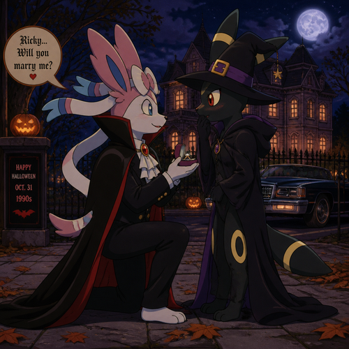 In this anthropomorphic verse on a Halloween night, a wealthy grown queer Sylveon male named Vincent (the Barron who dressed as a gay vampire) who spent many days with his boyfriend (a non-rich grown mature Umbreon male named Ricky dresses as a witch) while finally asking to marry him to show affection. A well-made animated version. A spooky and scary holiday on October autumn. A modern society year 1990s. Side view.