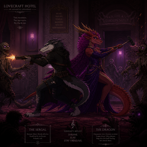 In the animated version of this universe, two adult male characters fight for their lives together against the undead inside the Lovecraft hotel. A bisexual Sergal and the drag queen the Dragon. Do better with music. Side view.