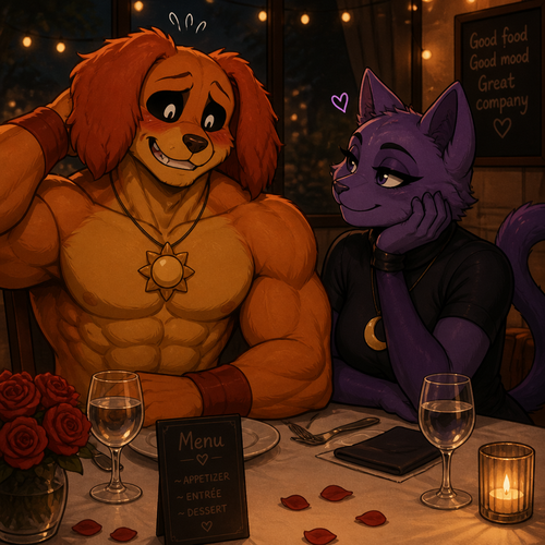 DogDay, a well-made grown anthro smiling critter (a leader of the smiling critters) with buff body and nervous about on a date with his boyfriend, Catnap (the smiling critter and has eyeliner).